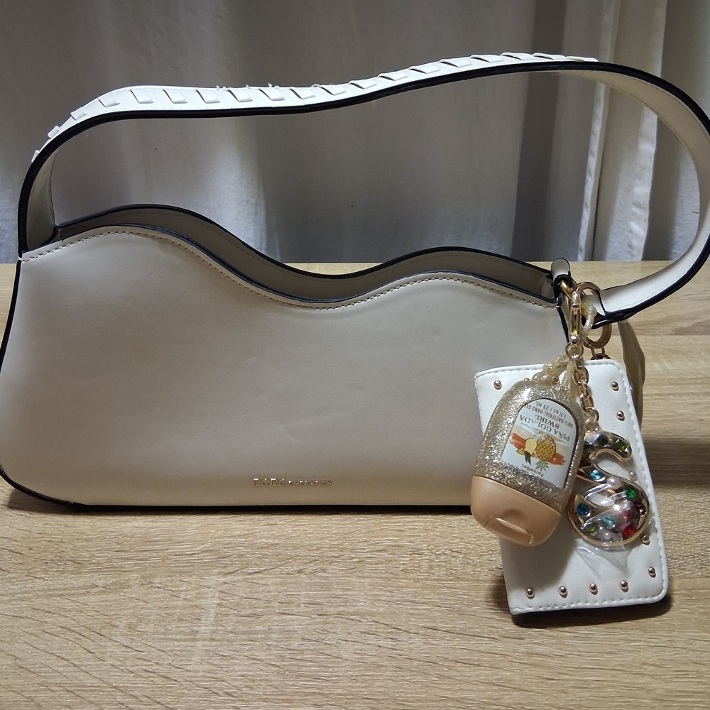 BCBGeneration Cream Shoulder Bag with Black Trim and VS Wallet + B&BW Sanitizer